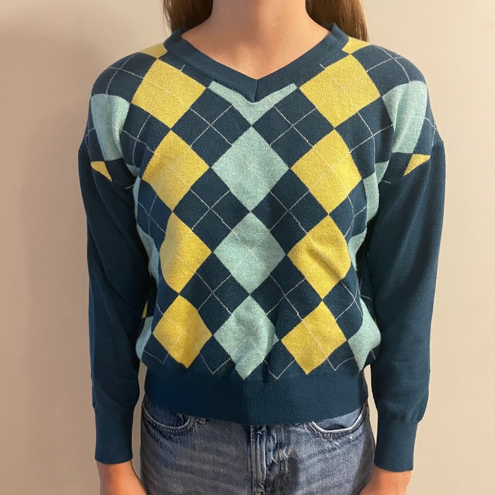 Argyle plaid turquoise and yellow sweater - Size medium --- Great for layering!